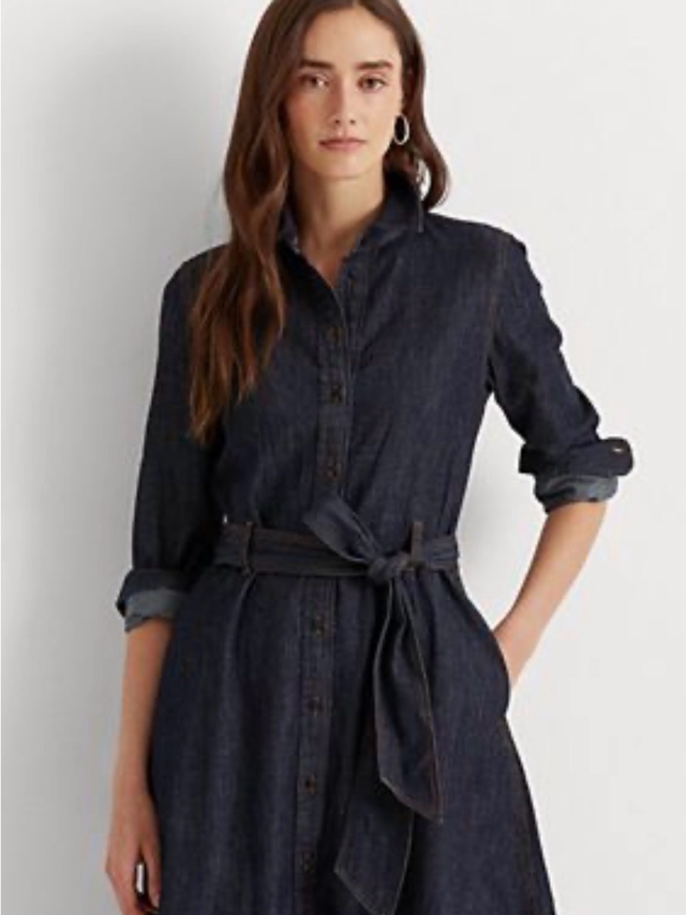 Ralph Lauren Dark Indigo Denim Midi Shirt Dress with Tie Belt